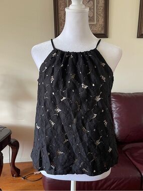 Anthro LIV Los Angeles Black Floral Lace Halter Top Sheer Overlay Camisole XS